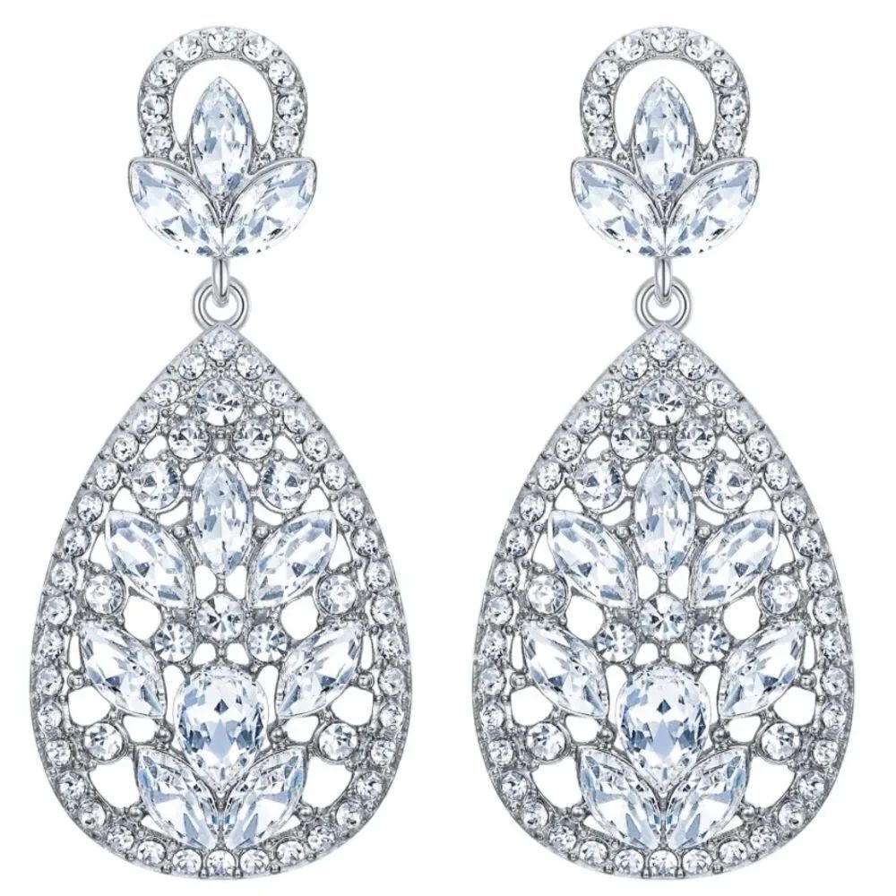 Silver with White Diamond Austrian Crystal Teardrop Chandelier Post Earrings